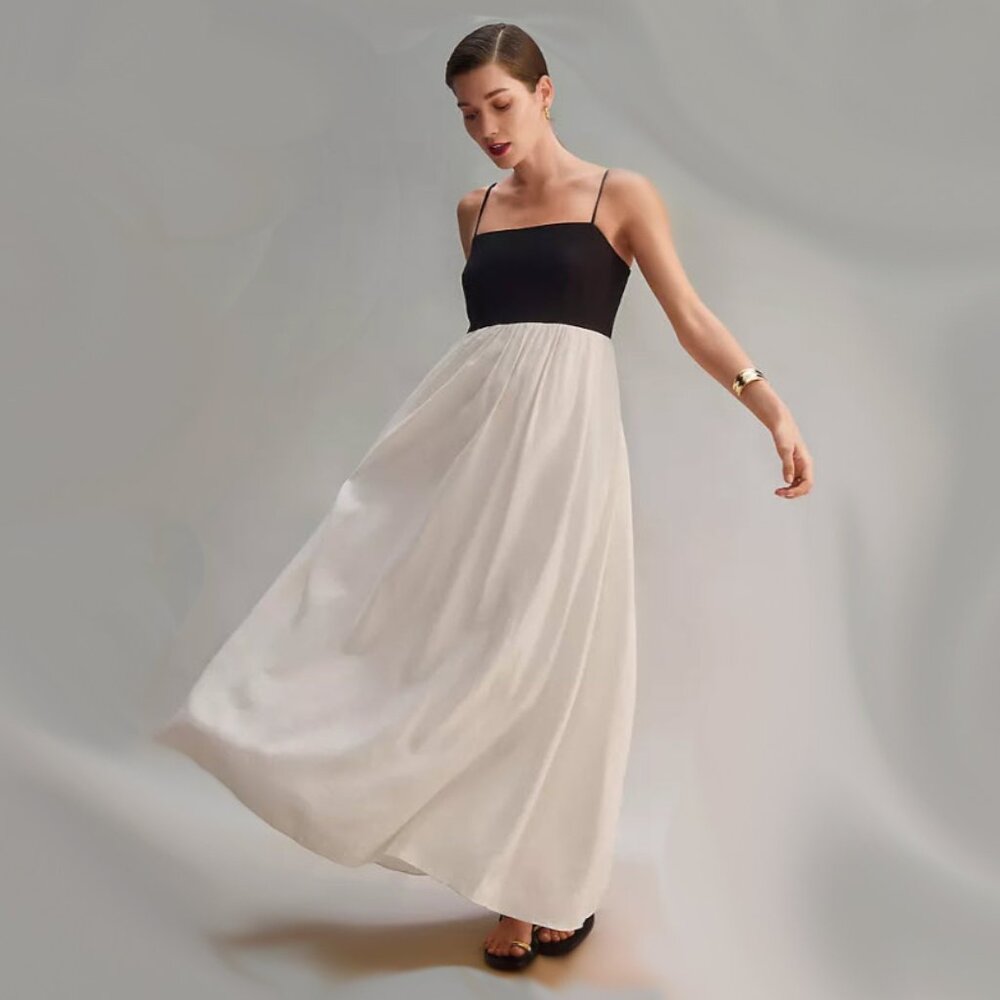 Ann Taylor Black & White Maxi Dress with Spaghetti Straps